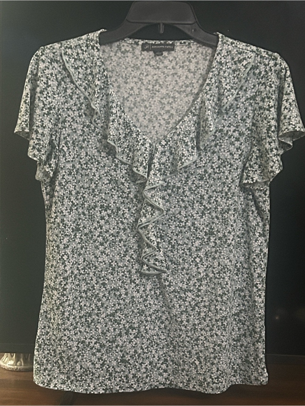 Adrianna Papell Blue Floral Ruffle V-Neck Blouse